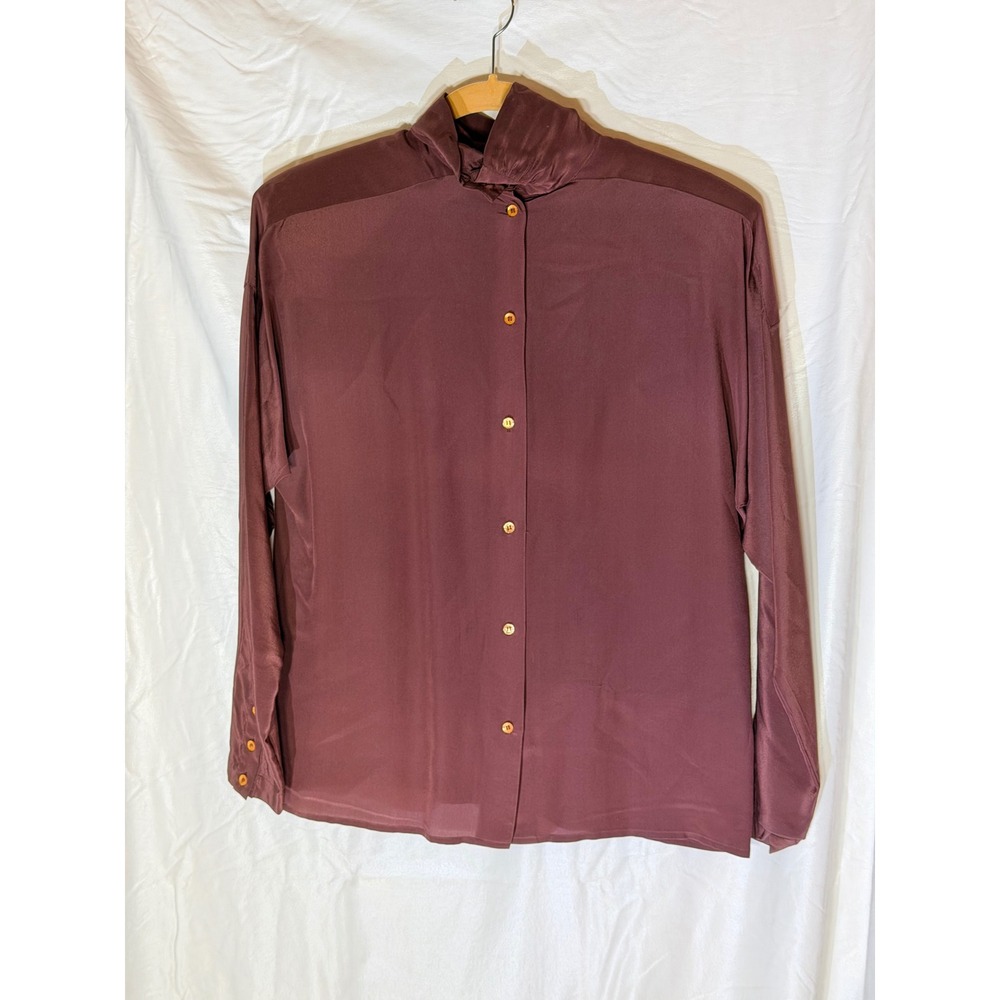 Sunny Leigh Vintage 100% Silk Blouse Plum Burgundy Ruffle High Neck Top Size 6